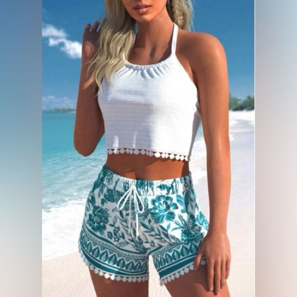 Floral Print Blue and White Tribal Bikini Set - Picture 1 of 13